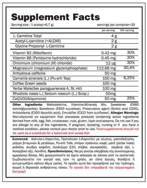 Fat Killer L-Carnitine 200g GoldTouch Nutrition supplement facts